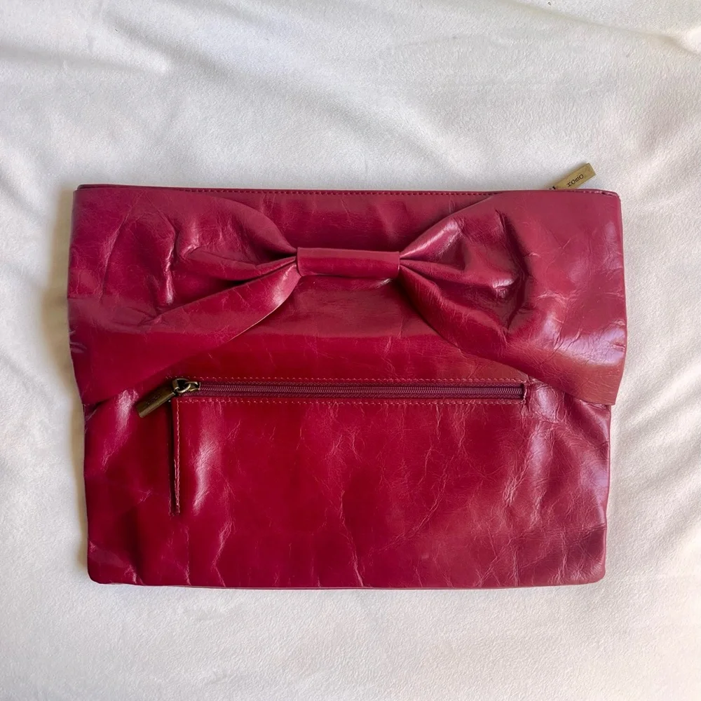 HOBO International Leather Bow Clutch Purse in Pink Red Fuchsia - Picture 5 of 11